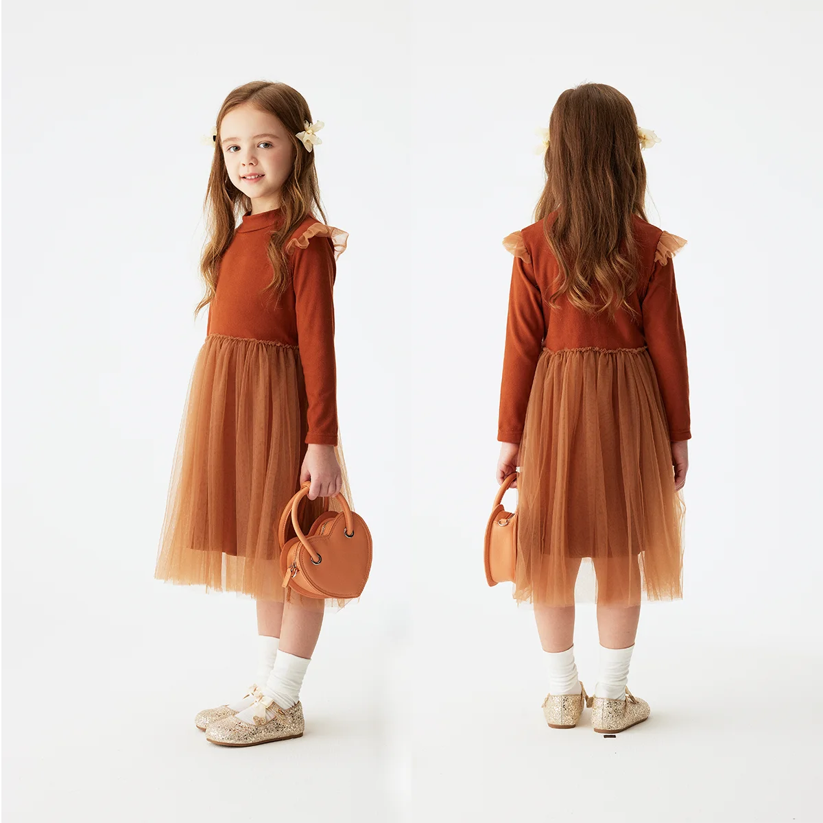 Spring/Autumn Clothes Girls Crew Neck Solid  Patchwork Net Yarn Lace Long Sleeve Dresses 0-4Y  Solid Casual Sweet Dress