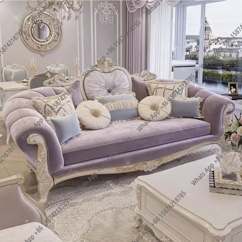 

V49 Французский светлый роскошный двор из массива дерева с резьбой по цветку, тканевый диван для гостиной, большая квартира, элитная вилла, роскошная трехместная вилла