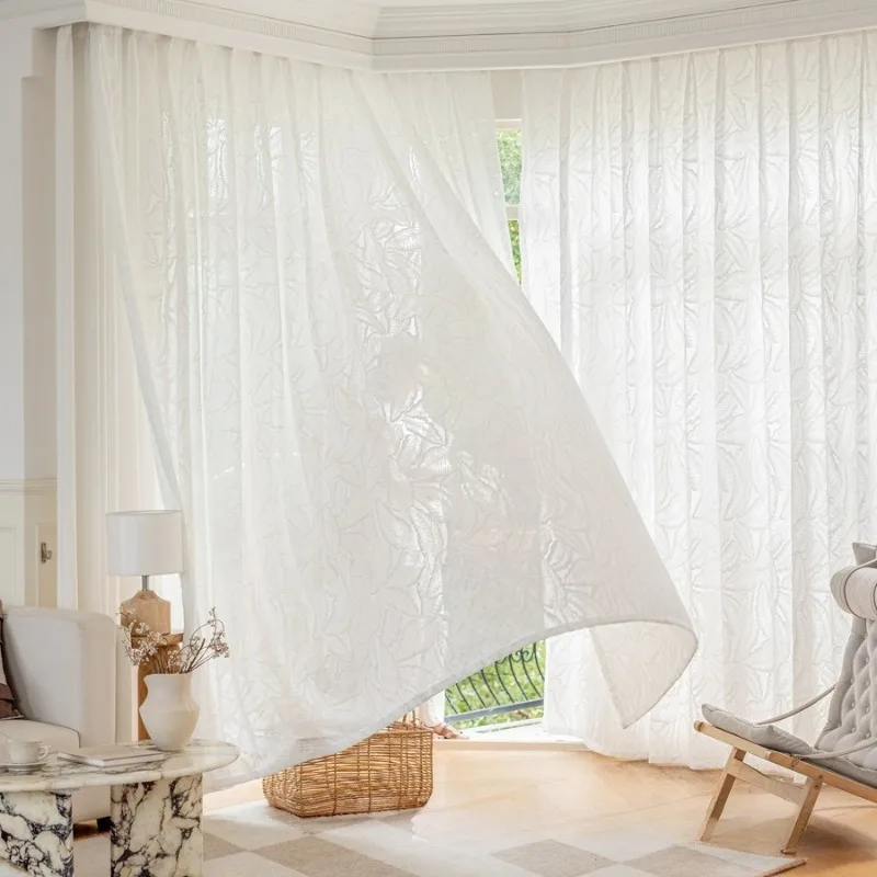 Luxury France Jacquard Window Curtain Panel Elegant White Grommet Eyelet Top Light Filtering Soft Curtain for Home Hotel Kitchen