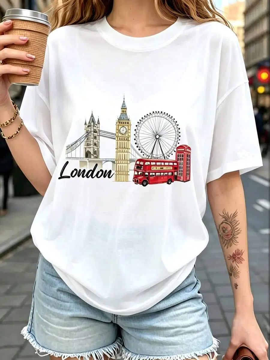 Women Trendy London Graphic Print Crewneck Short Sleeve T Shirt Casual Spring Summer Daily Outdoors Everyday Wear Casual Top