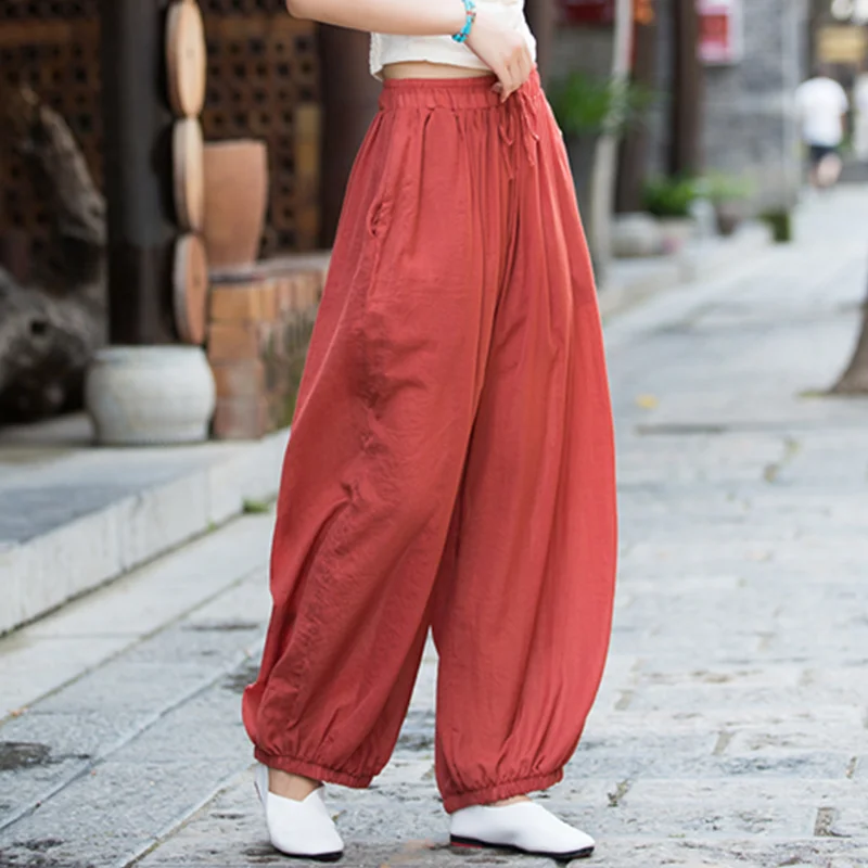 Vintage  Yoga Clothes Cotton  Linen Women High Waist Pants Baggy Loose  Large Oversized Size Women\'s Cargo Trousers Wide Leg