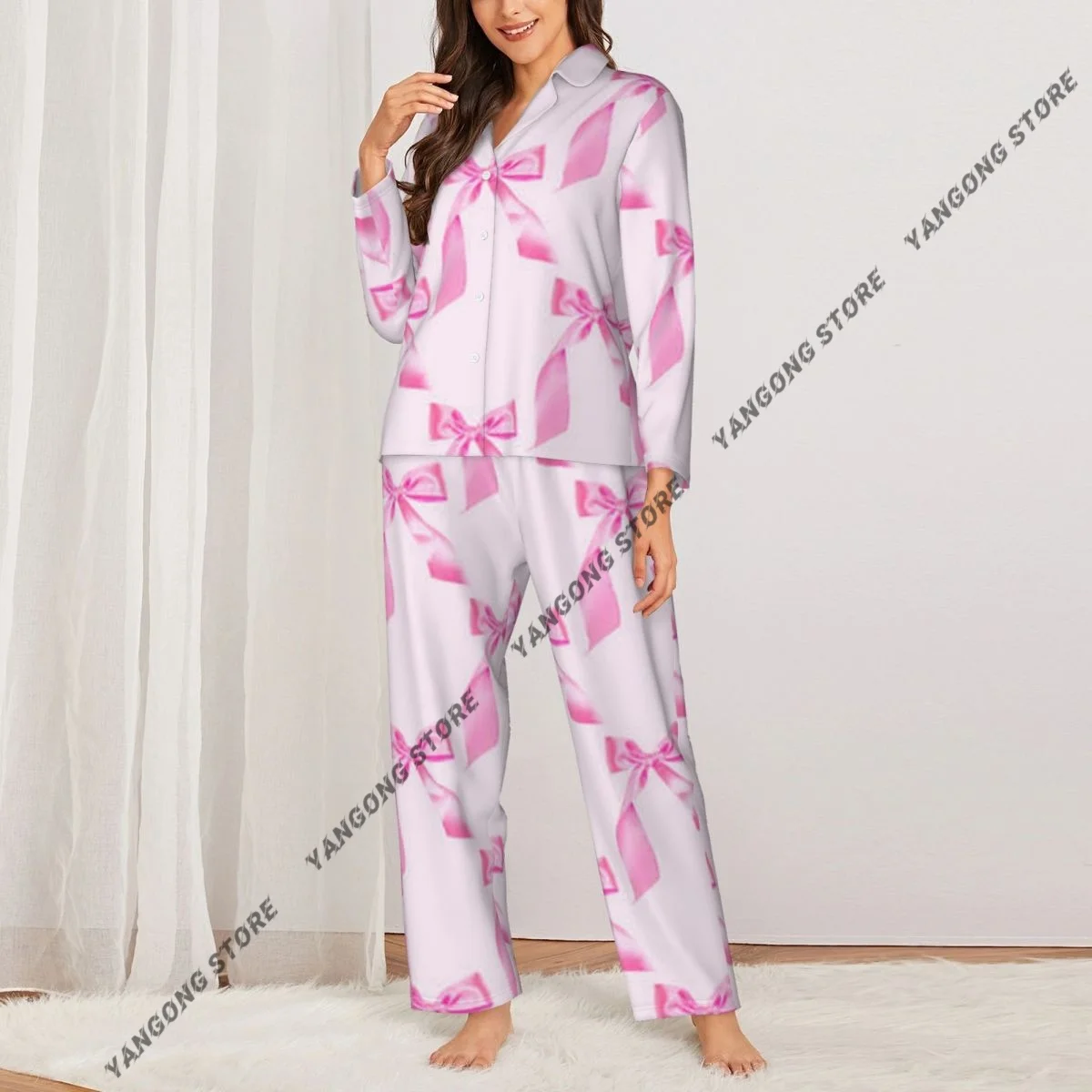 Pink Tied Bow Pattern Womens Pajamas Loungewear Two-piece Sleepwear Button-Down Full Sleeve Long Pajamas Set