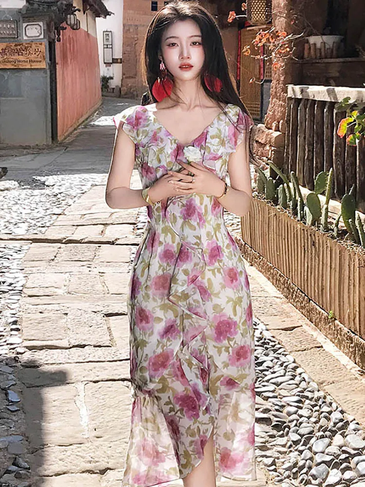 

Spring Summer Floral Chic Ruffled V-Neck Casual Long Dress Women Elegant Beach Style Dress 2026 Korean Fashion Bodycon Vestidos