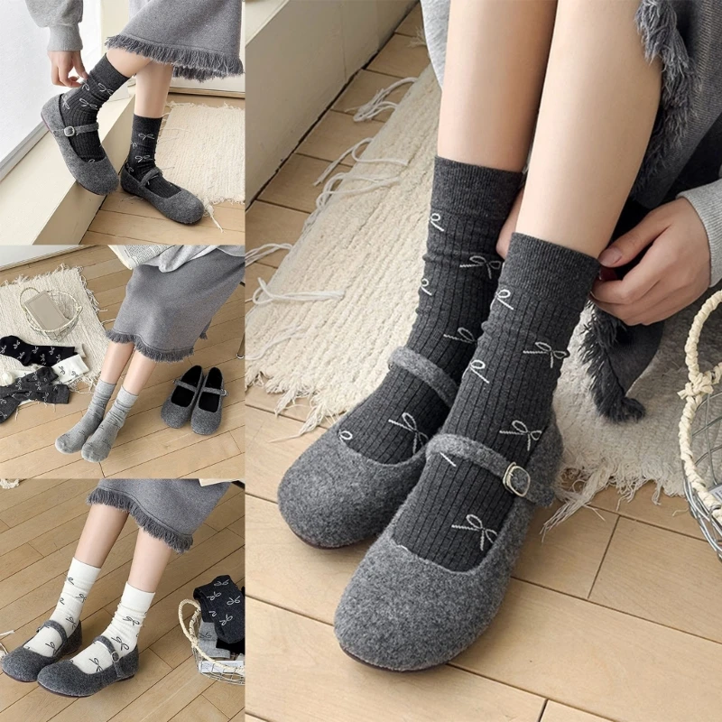 Fashionable Sweet Girl's Bowknot Pattern Socks Soft Cotton Casual Footwear Ribbed Middle Calf Socks for Daily Wear