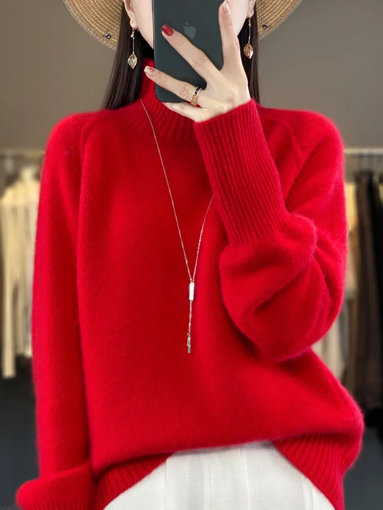 100% Merino Wool Cashmere Women Knitted Sweater Mock Neck Long Sleeve Pullover Autume Winter Clothing Jumper Straf Store