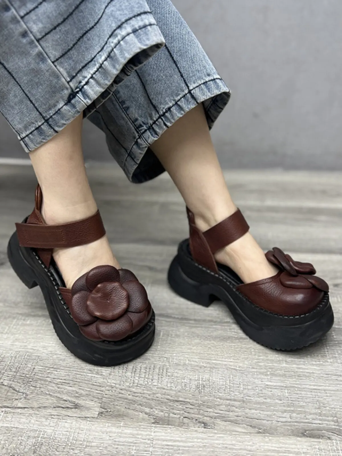 Birkuir Retro Thick Heel Sandals For Women 7cm Heel Big Flower Closed Toe Sandals Hook Loop Genuine Leather Casual Shoes