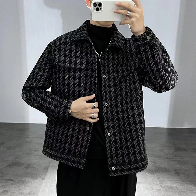 

Fashion Lapel Button Pockets Printed Houndstooth Coats Men's Clothing 2024 Autumn Winter New Loose Casual Tops England Jackets