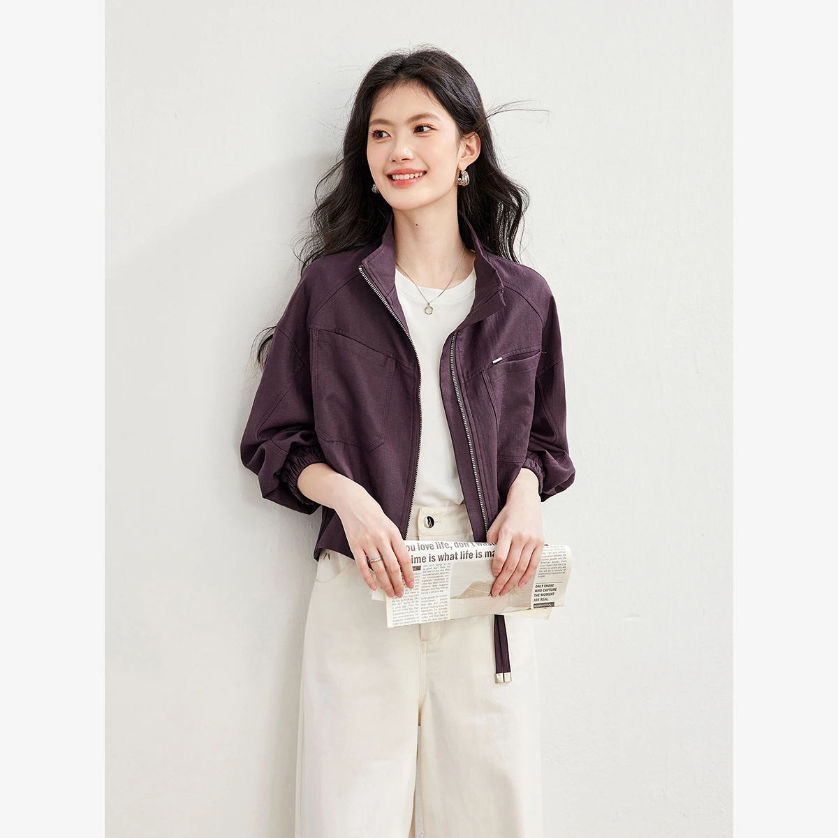 VIMLY Women's Short Jacket 2026 Autumn Fashion Casual Cargo Stand‑collar Zipper‑placket Coats Elegant Female Outerwear 31692