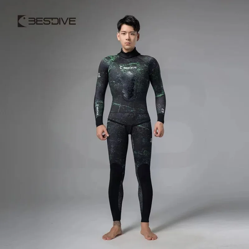 

Bestdive Men's Spearfishing Wetsuit 5mm/7mm Neoprene 2-Piece Camouflage Scuba Diving Suit Full Body Warm Hooded for Freedivi