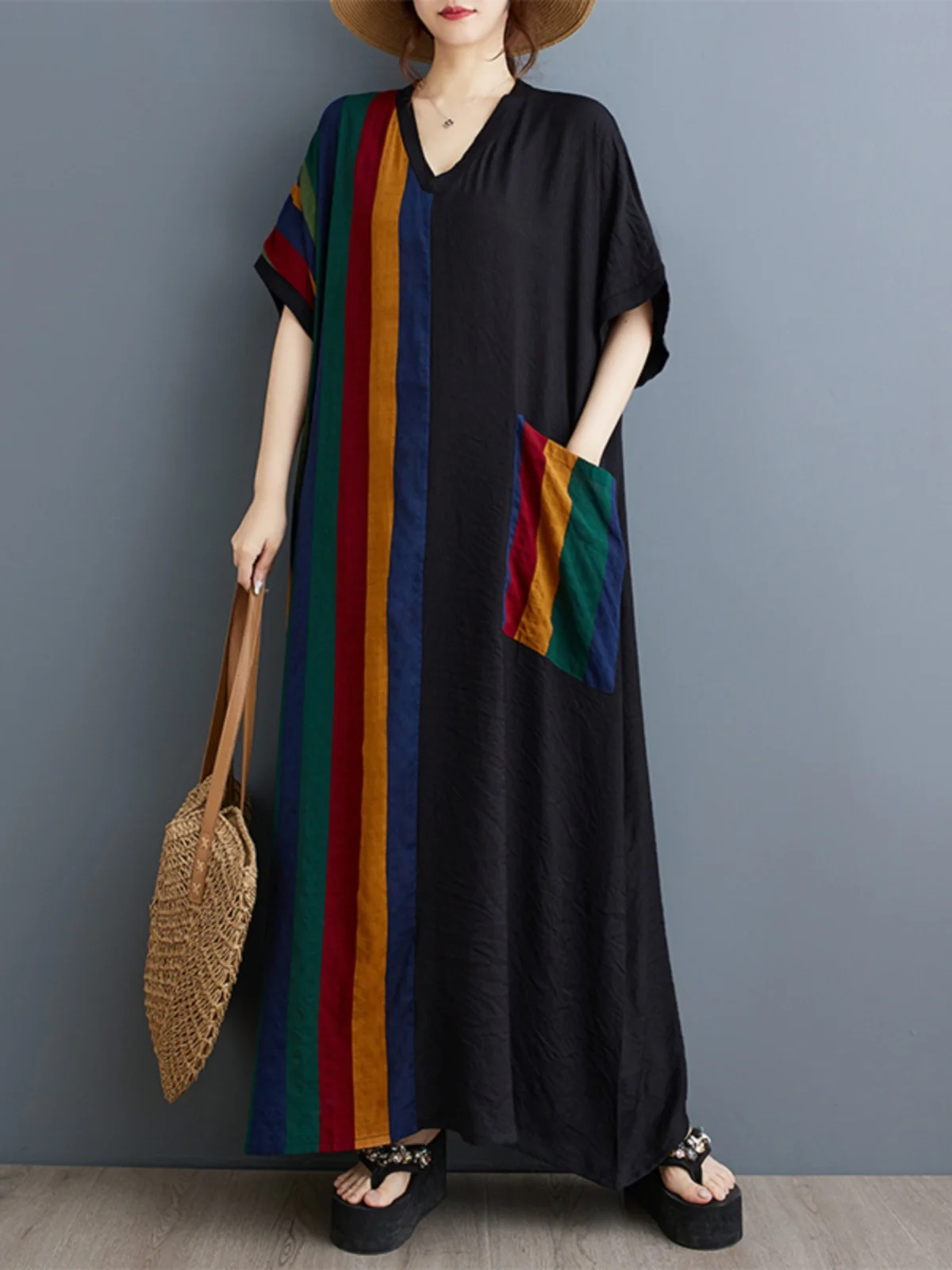 Slimming Long Cotton Linen Print V-Ne ort Sve Color Blo Bla Maxi Dr Summer Loose Fit Batwing Sve Irregular Hem
