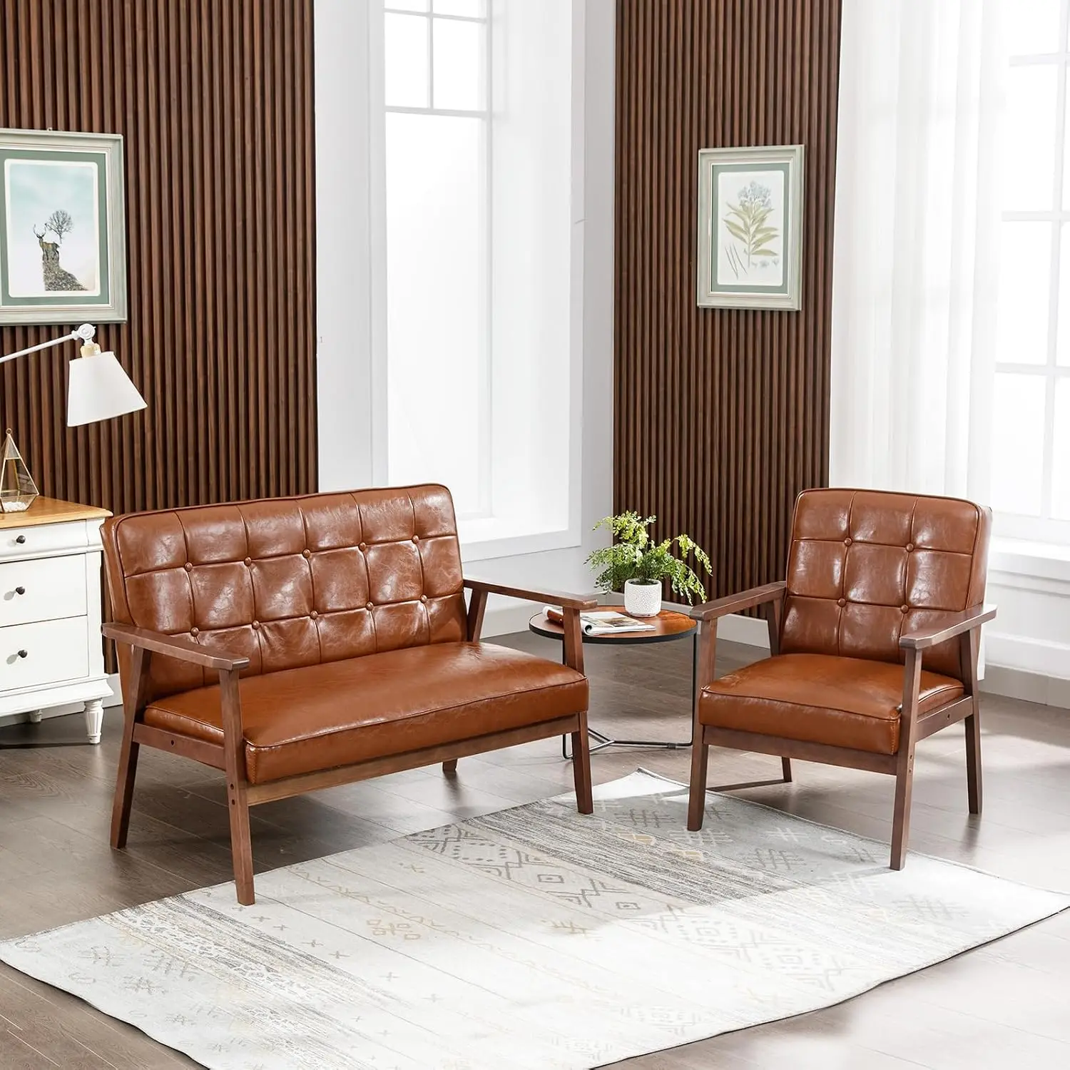 Loveseat Sofa Set Upholstered Leather 2-Seat & Accent Chair Living Room Furniture Small Spaces Apartment Office Brown Customized