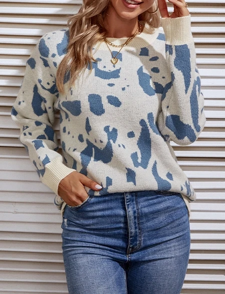 Color Blocking Animal Pattern Round Neck Knitted Sweater for Women Round Neck Long Sleeve Clothing Pullover