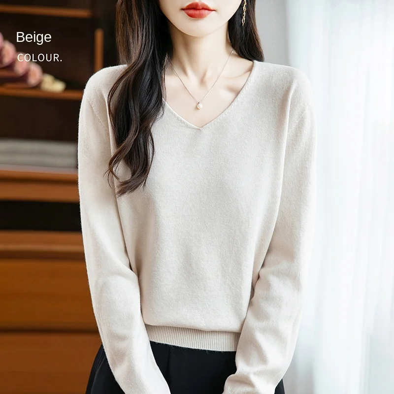 

2025 Women's V-neck Autumn And Winter Basic Warm Casual Pullover Korean Fashion Spring 100% Andy Velvet 22 Color Knitted Sweater