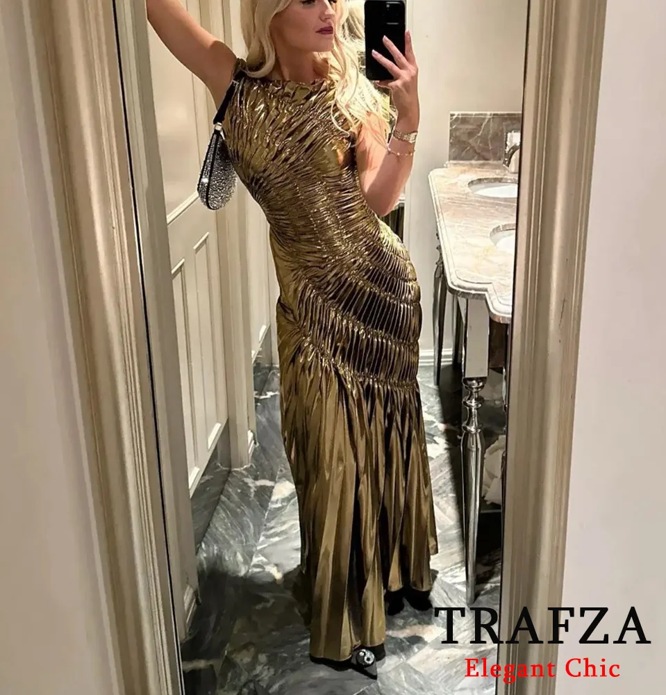 TRAFZA Elegant Metallic Color Dress Women's Sleeveless Shirred Dress New 2024 Spring Summer Sexy Glamorous Party Vacation Dress