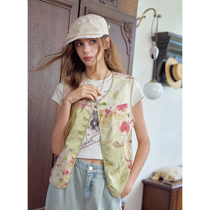 ELFSACK Women's Oriental Asthetics Sleeveless Vest with Patchwork Floral Print, Vintage Gilet for Everyday Cozy Outdoor