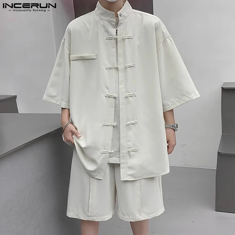 INCERUN Men Sets Solid Color Vintage Half Sleeve Shirt & Shorts Two Pieces Sets Streetwear 2024 Loose Summer Men\'s Casual Suits