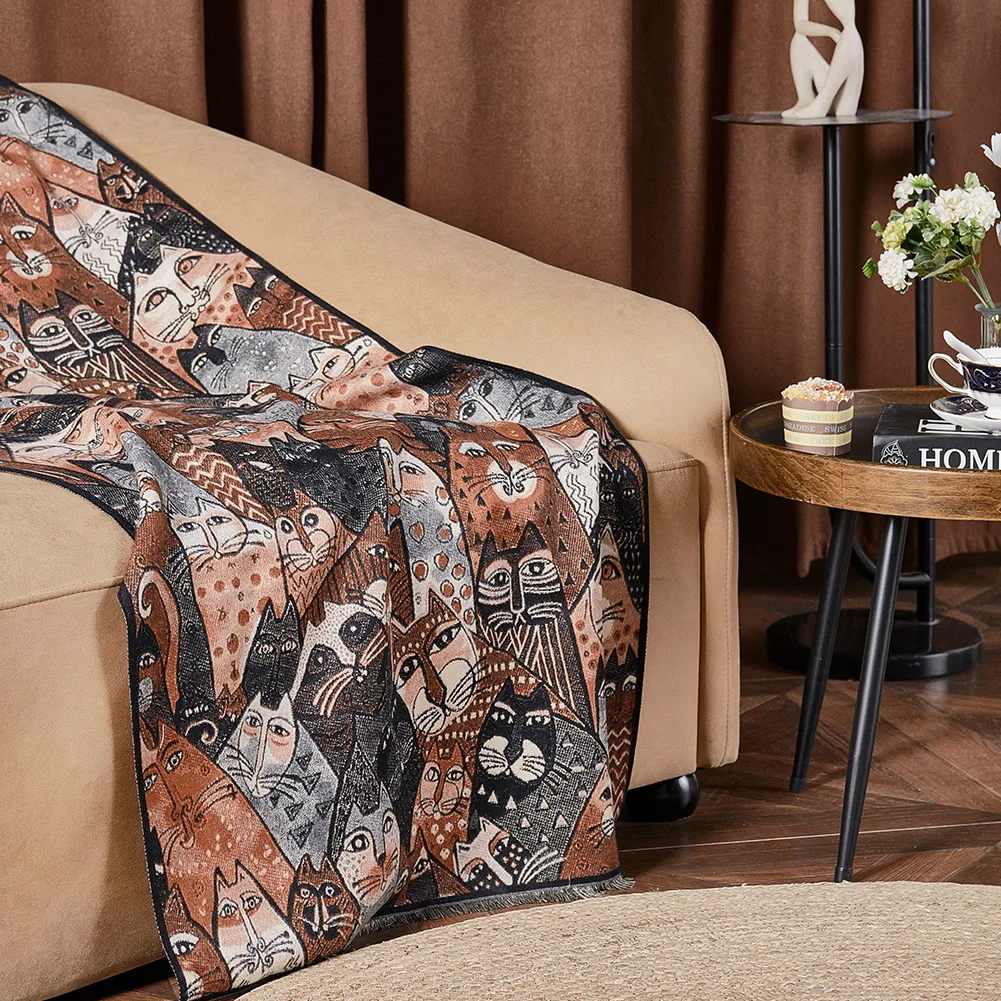 Vintage Boho Cat Pattern Throw Blanket for Living Room Soft Woven Tapestry Lightweight All Season Blanket