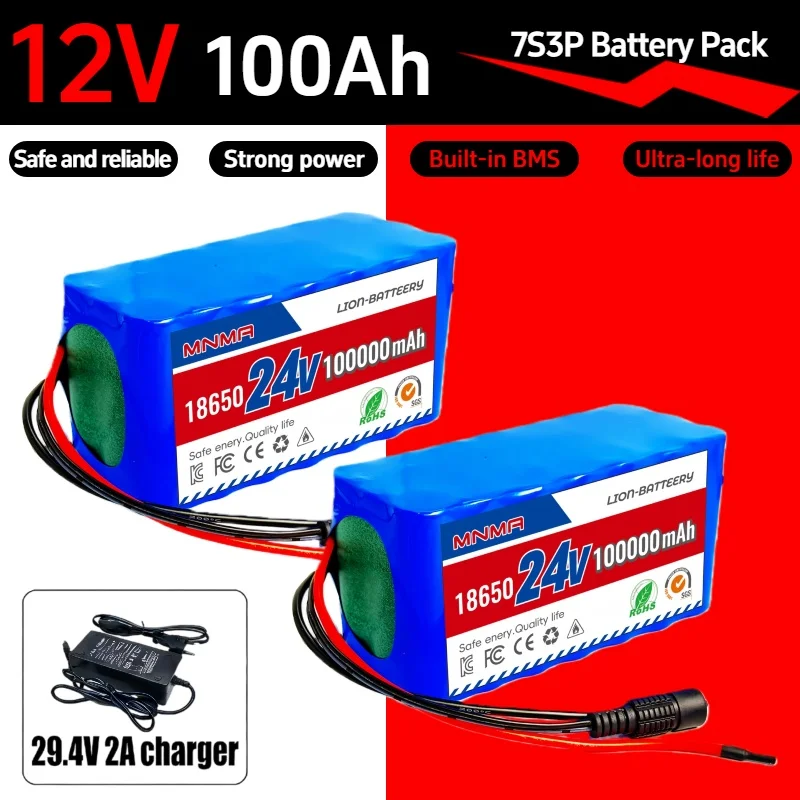 

7S3P 24V 100Ah 18650 Li-ion Rechargeable Battery Pack for Electric Wheelchair Scooter Backup Power Supply with 29.4V 2A Charger