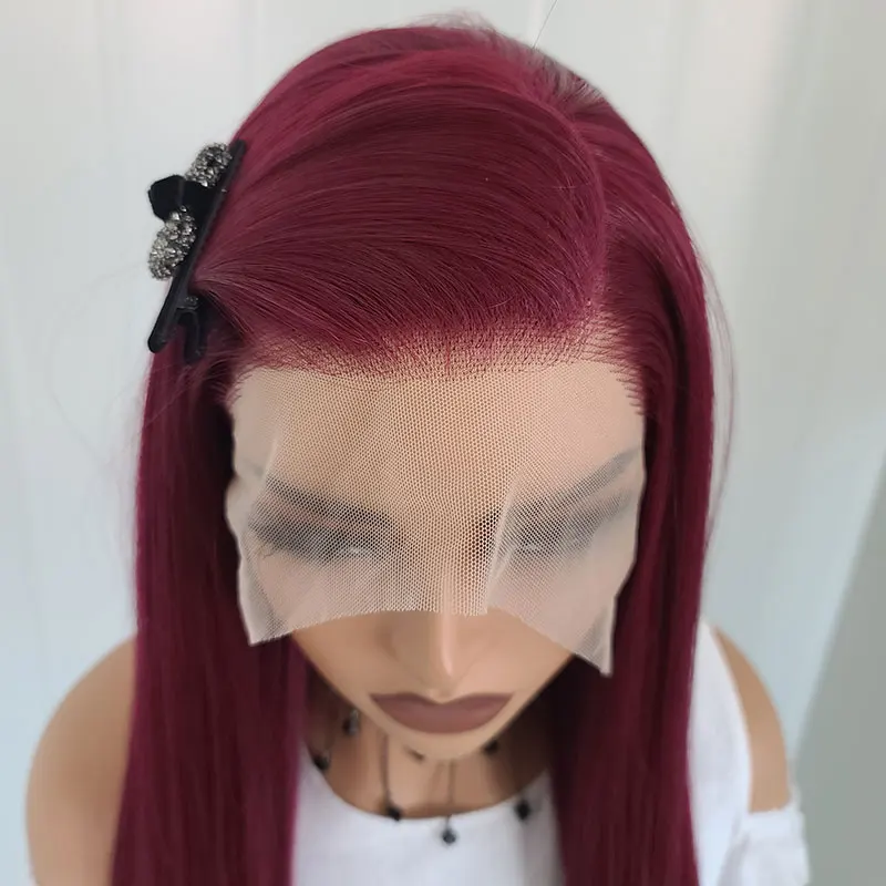 Wine Red Straight Synthetic 13x4 Lace Front Wigs Glueless Heat Resistant Fiber Hair Natural Hairline For Women Daily Use Wear