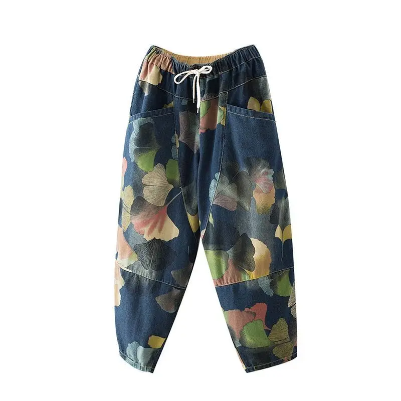 

Womens Autumn Vintage Printed Jeans Bohemian Artistic Drawstring Waist Loose Fit Harem Pants for Fall Season Comfortable