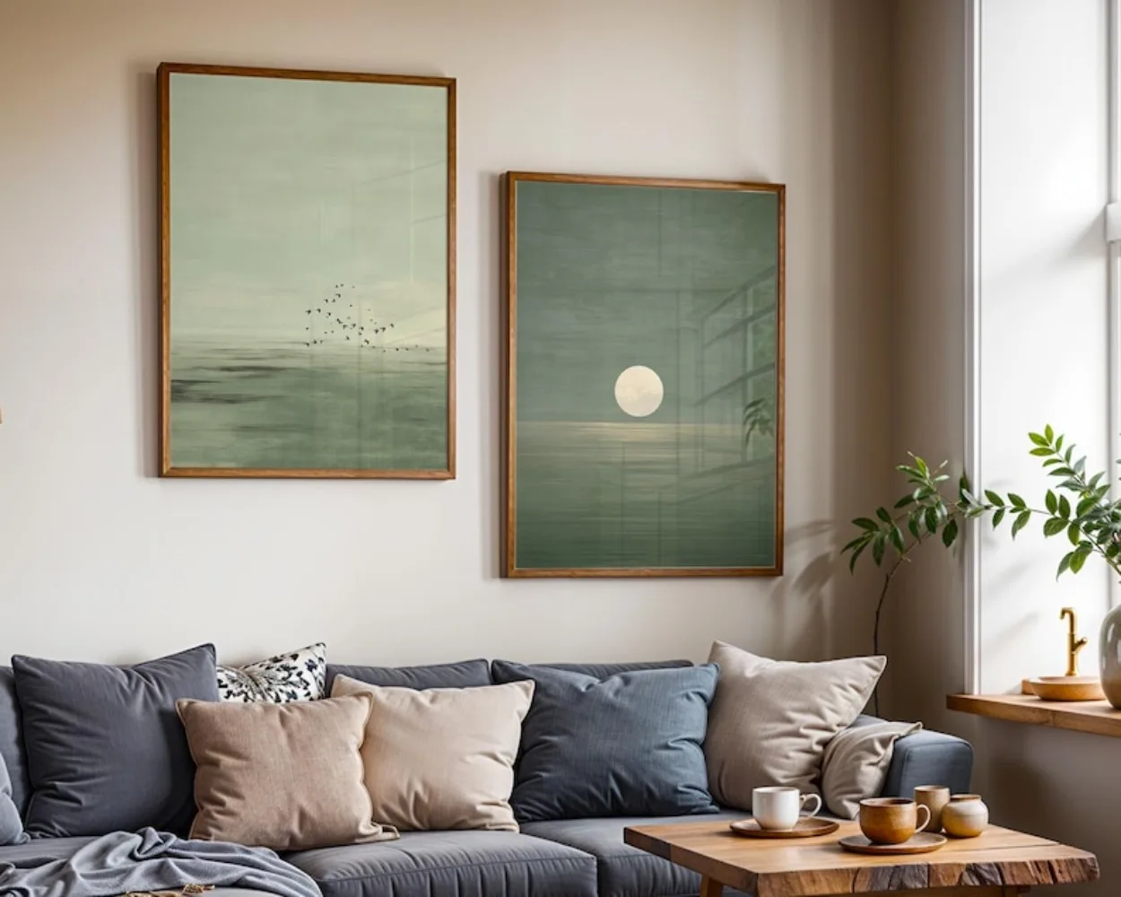 Un conjunto de decoración de pared de estilo japonés de dos piezas con una impresión minimalista de la bohemia del atardecer y un decoración escandinava inspirada en el Zen
