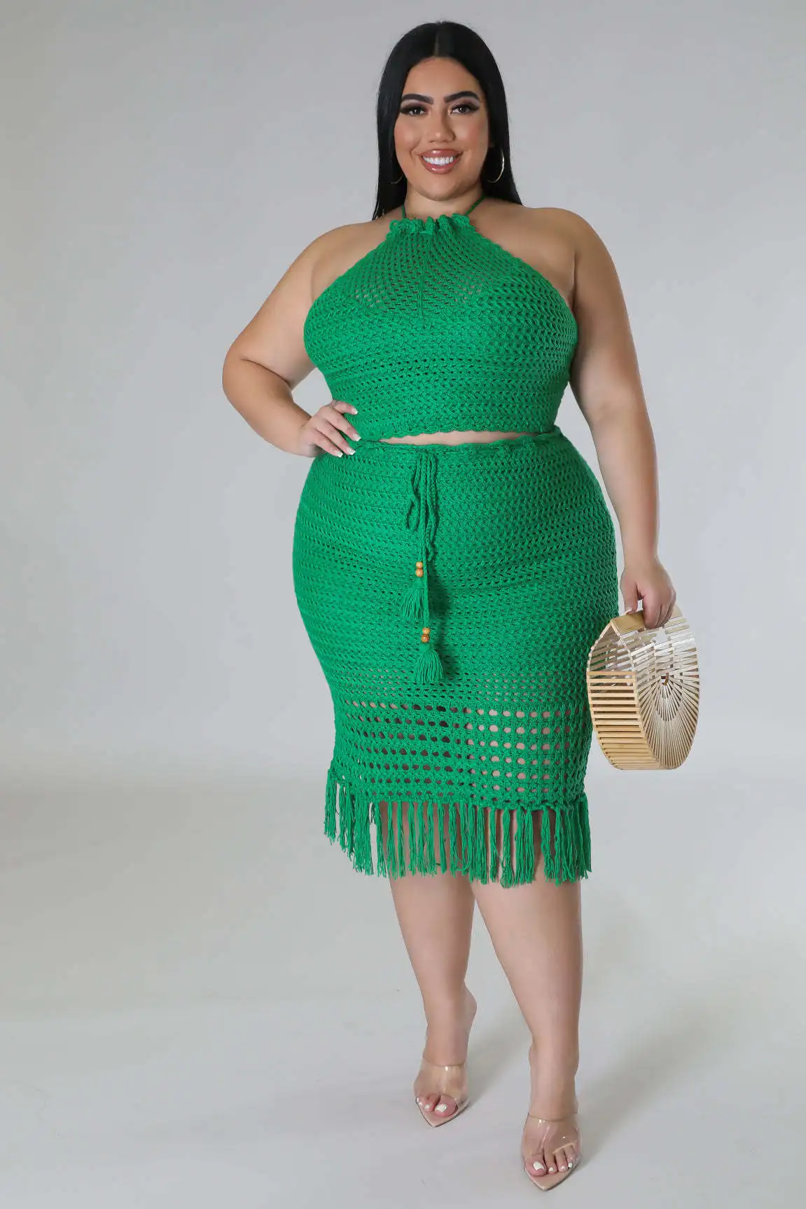 Plus Size Crochet Fashion Two Piece Set Dress 2023 Knitted Lace Up Tassel Crop Top Long Skirt Female Outfits Beach Style Summer