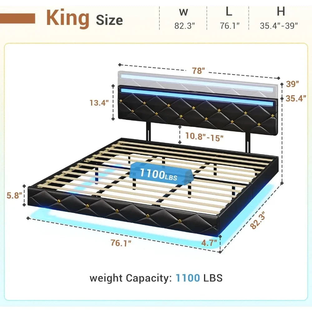 Floating King Bed Frame with LED Lights and Charging Station with Vegan Leather Upholstered Headboard, Bed Frame