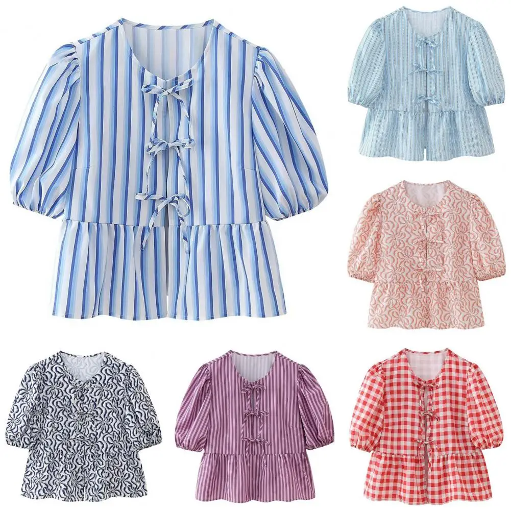 

Women Tie Knot Ruffled Hem Top Puff Sleeve Peplum Shirts for Wome Striped Print Shirt Bow Tie Front Pleated Blouse