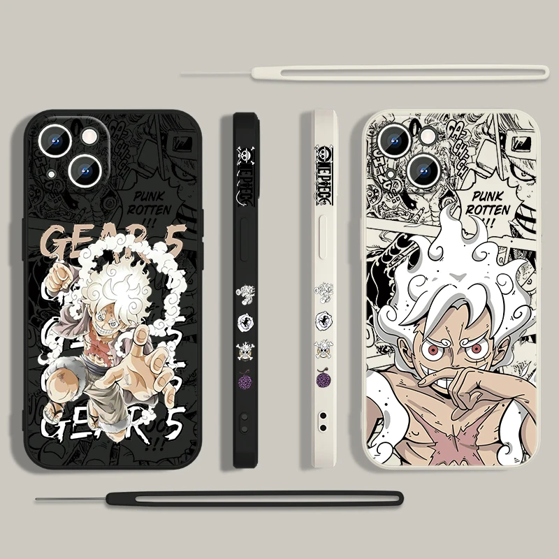 Anime Ones Pieces Luffys 5 Gear per Apple iPhone 15 14 13 12 11 Pro Max Plus 8 7 SE custodia per telefono con corda sinistra liquida Capa Soft Cover