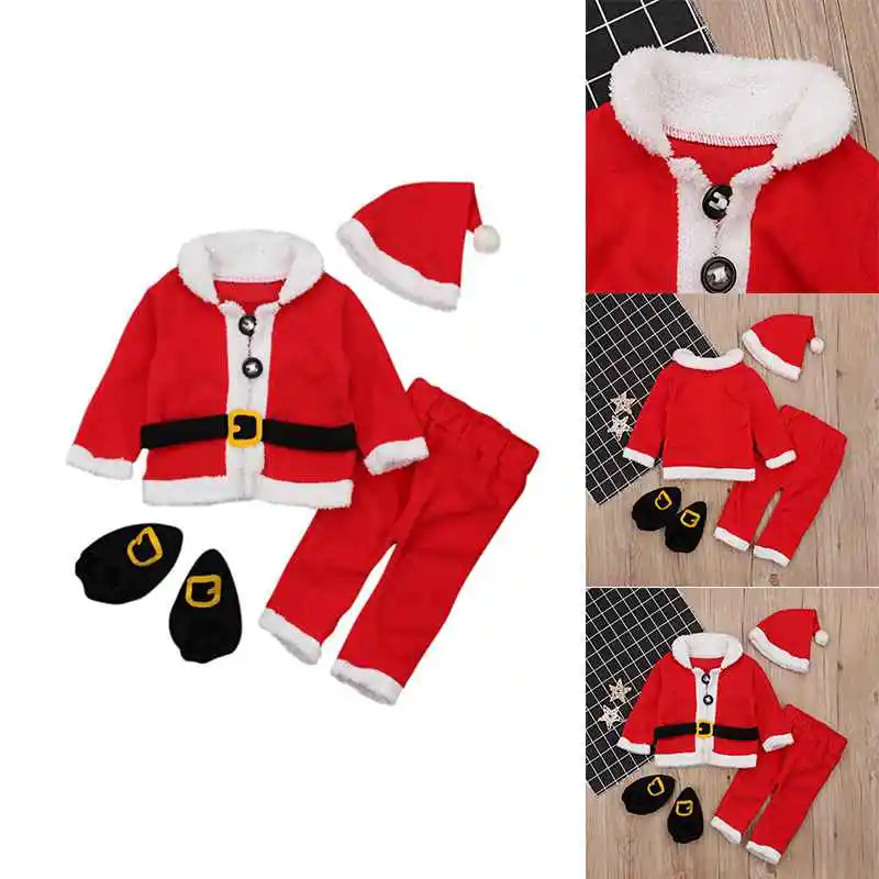 Christmas Cosplay Baby Girl Clothes Suit Red Newborn Velvet Baby Boy Clothing Hat+Tops+Pant+Sock Outfit Costumes