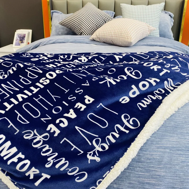 Letter Printed Flannel Double-Layer Blanket Thick and Warm Lamb Plush Bed Sheet Multi-Purpose Sofa Cover for Office Napping