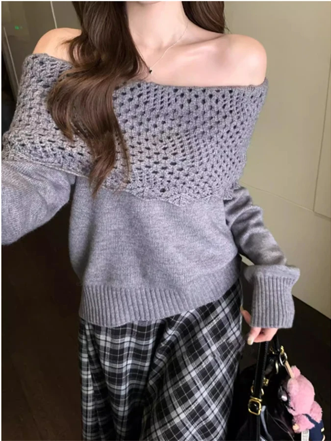 

Модный вязаный свитер с длинными рукавами и вырезом на одно плечо, женский свободный пуловер для осени, зимы и весны.