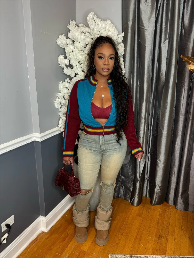 

Color Patchwork Hand Crochet Knitted Jackets Women O Neck Long Sleeve Zipper Sweater Cardigans Casual Warm Streetwear Coats