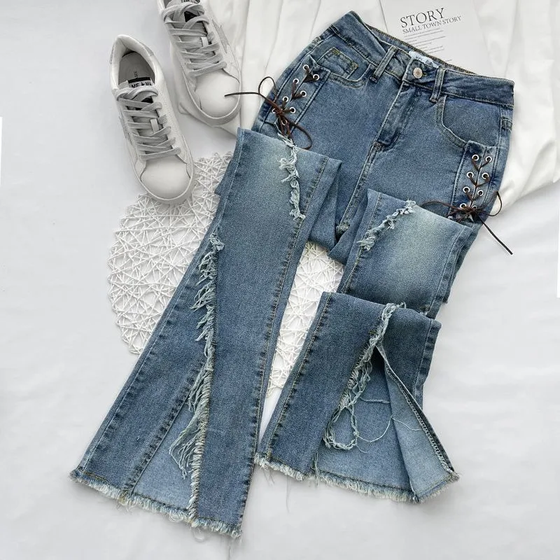 Retro Split Tassel Flared Jeans Women Lace Up American Spicy Girl Slim Elastic Temperament Fashion Cool Irregular Design Pants