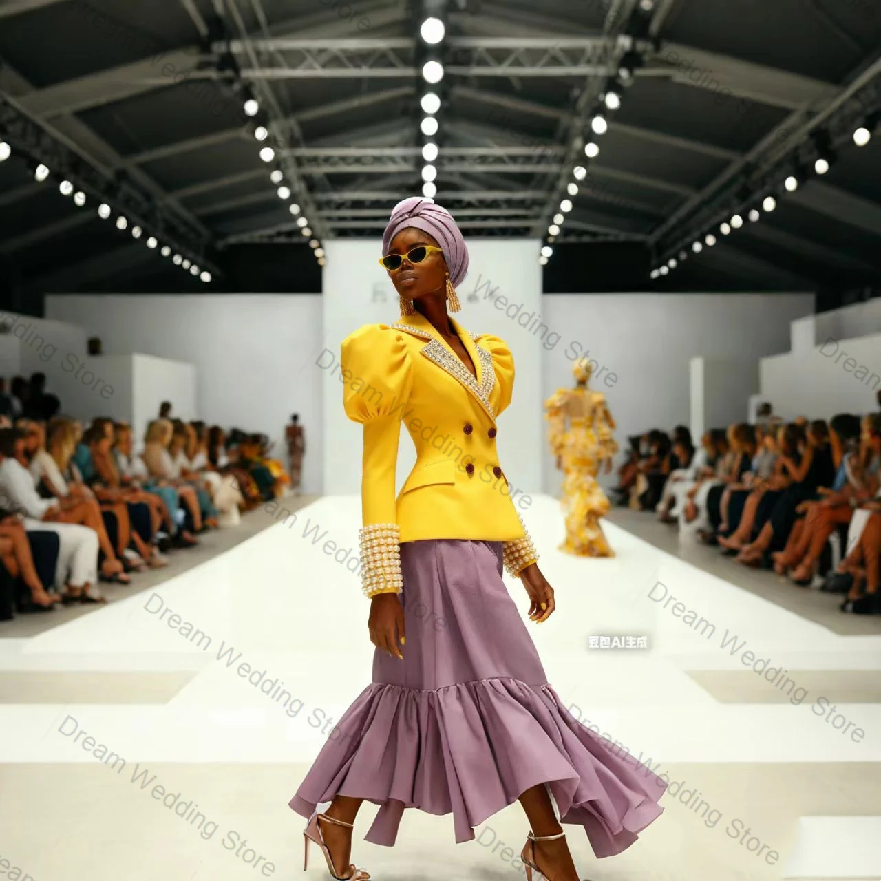 

Yellow Pearls Crystals Women Suit Set 2 Pcs Blazer+Prom Dress Formal Office Lady Jacket Cotton Customized Wedding Guest Coat