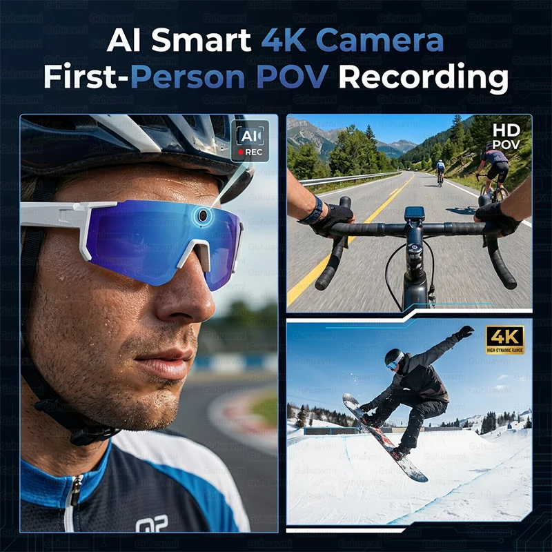 800W HD Camera AI Smart Glasses Video Recording 360°Surround Sound Music BT Call Waterproof Sports Sunglasses for Cycling Skiing