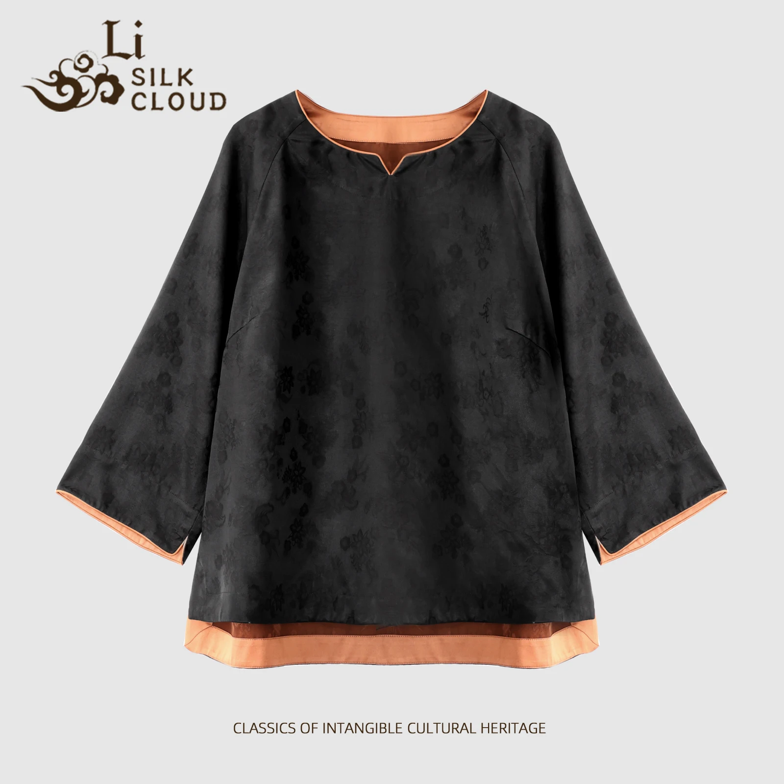 LI SILK CLOUD xiangyunsha Long Sleeve Top - 100% Mulberry Silk,Oriental Patterns Guangdong Black Pearl Guangdong Gauze