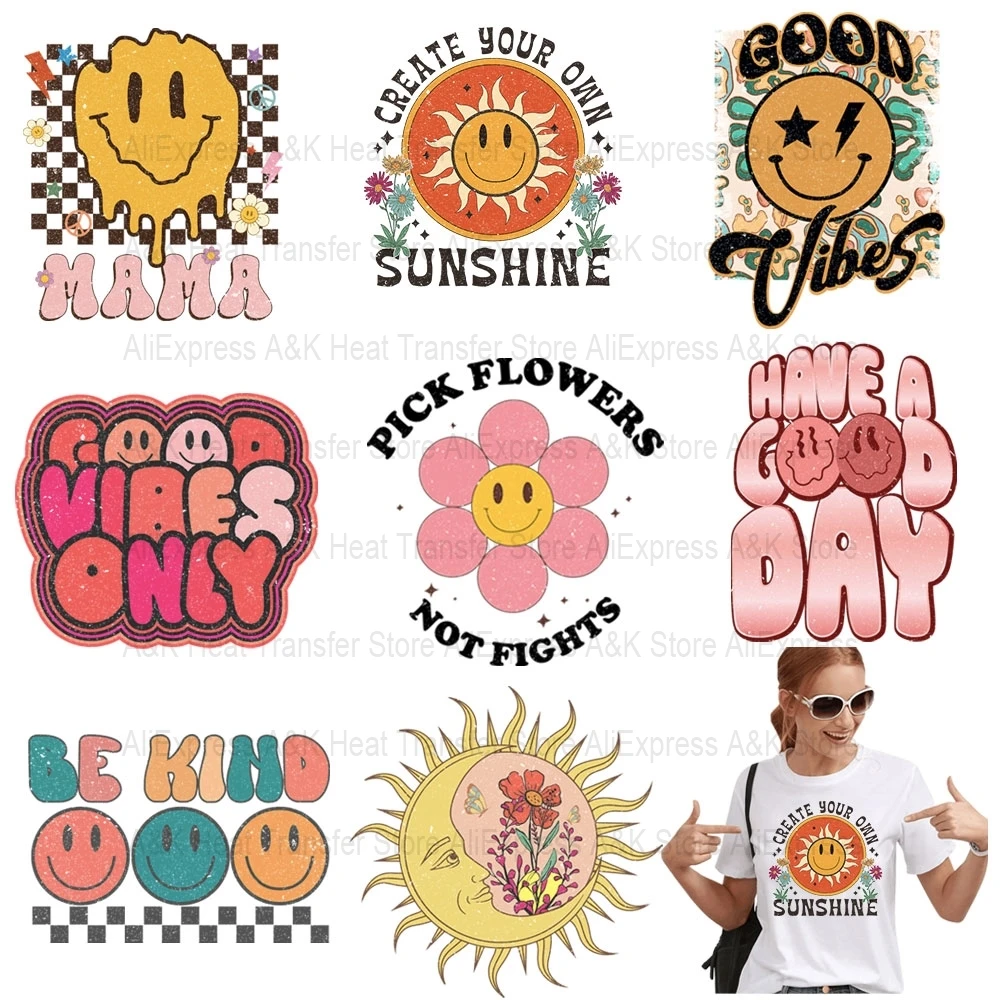 Be Kind Smile Clothes Stickers Vibes Mama Heat Transfer For Clothing Applique Iron-on Transfer For Clothes Iron On Patch Decals