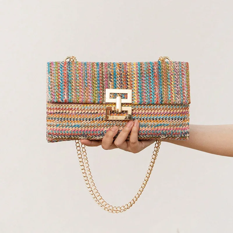 

Summer Trend Women Boho Woven Beach Bag Envelope Wallet Flap Handbags Summer Straw Clutch Purses Wicker Shoulder Messenger Bags