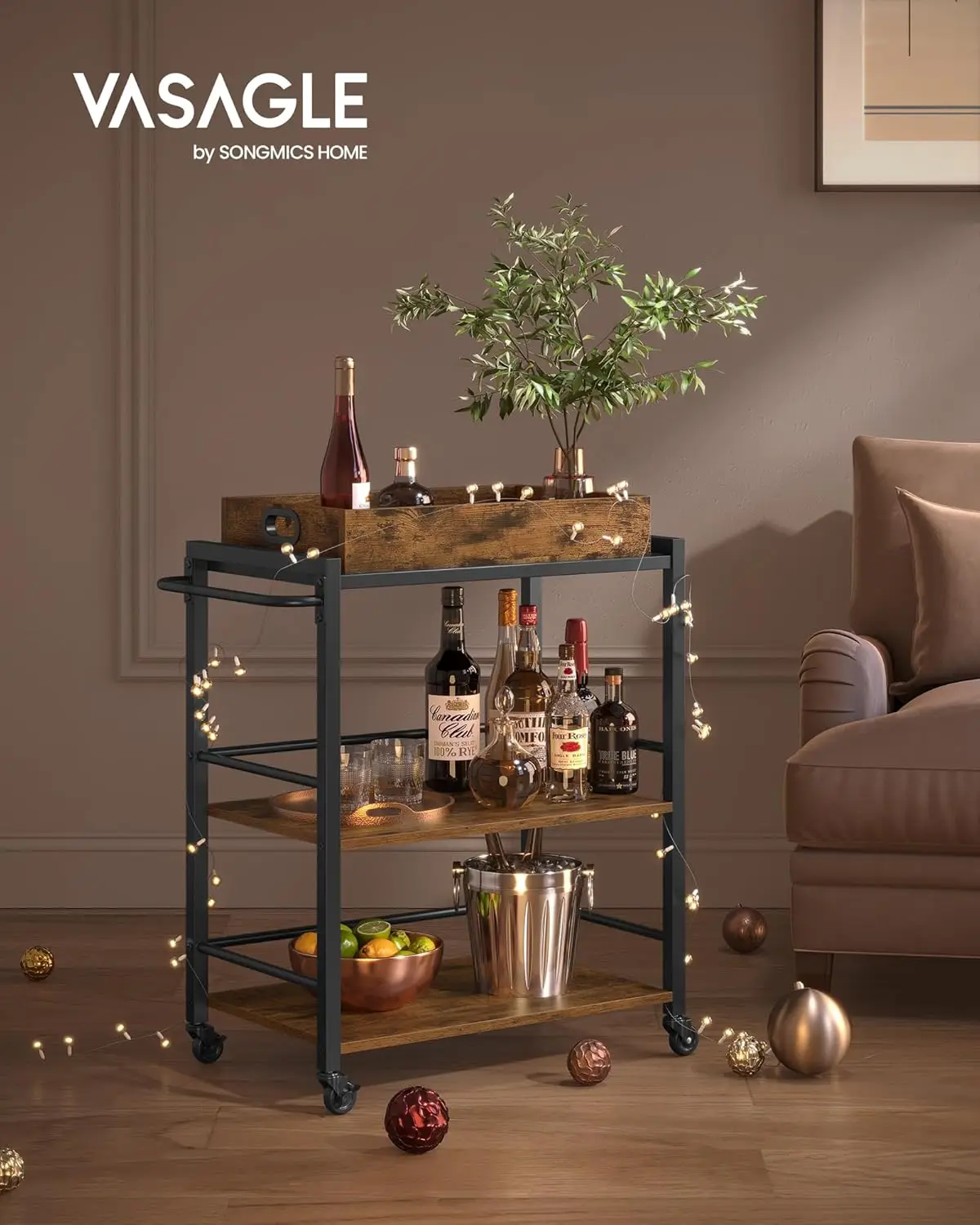 Wózek kuchenny 3-poziomowy z wyjmowaną tacą, kółkami i hamulcami, rustykalny brązowy regał do przechowywania do domu