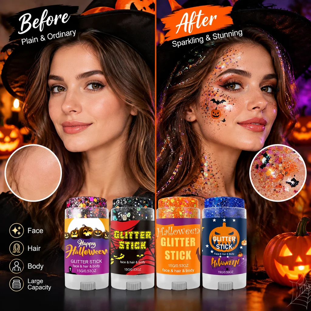4 Colors Body Face Glitter Stick Mermaid Costume Chunky Sequins Gel Hair Makeup Crayon Halloween Party Festival Beauty Net 15g