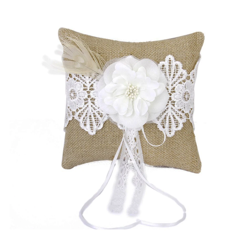 

20*20Cm Jute Wedding Ring Pillow With Ribbon Bowknot Strap For Ring Bearer Ceremony Lightweight Bridal Party Decoration Favor