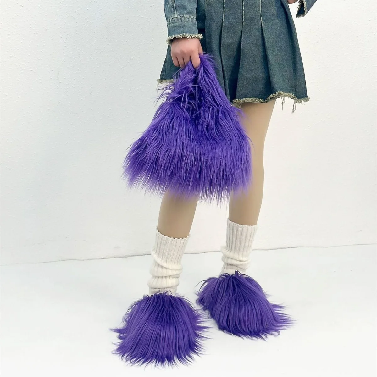 Women Faux Sheep Fur Set, Fluffy Long Hair Crossbody Handbag & Y2K Furry Slippers, Retro Cute Hot Girl Matching Outfit Set