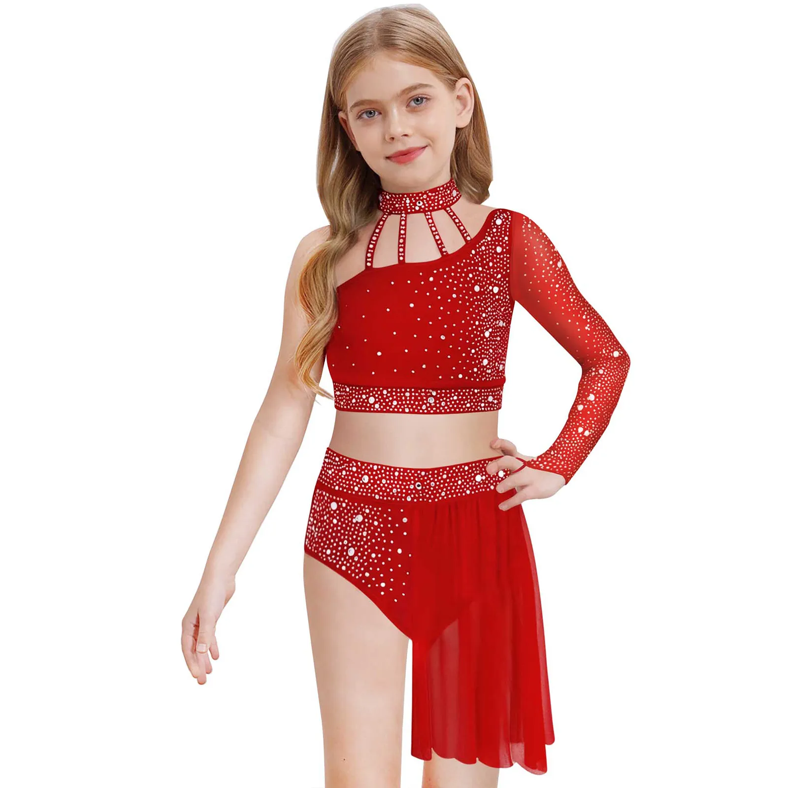 Moderne zeitgenössische Tanzkleidung für Mädchen, lyrisches Tanzkostüm, einschultriges Strass-Crop-Top mit Röcken, Gymnastik-Ballett-Outfits