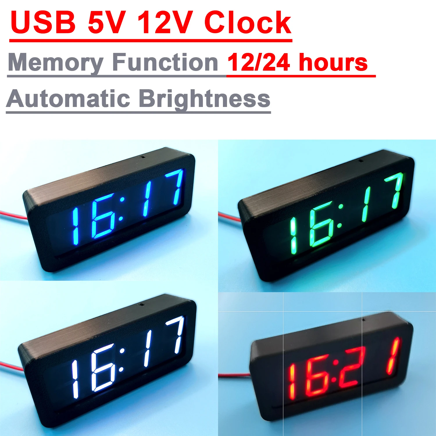 5V 12V USB CAR Clock GPS Beidou Automatic Timing 12/24 Hours Electronic Clock LED Digital TIME Display Power Off Memory Desktop