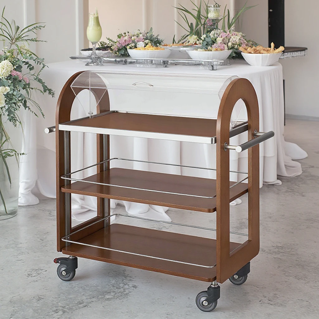 Hotel Restaurant Commercial Service Equipment Dim Sum Dining Cart Pastry Dessert Hand Cart Cool Dish Trolleys with Acrylic Cover