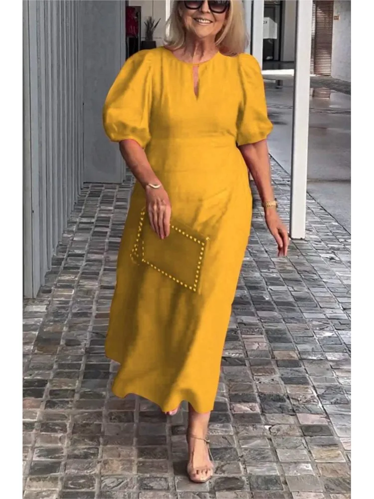Casual Solid Color Cotton linen Puff Sleeve Long Dress For Women Summer Loose O Neck Elegant Party Dresses Ensemble Femme