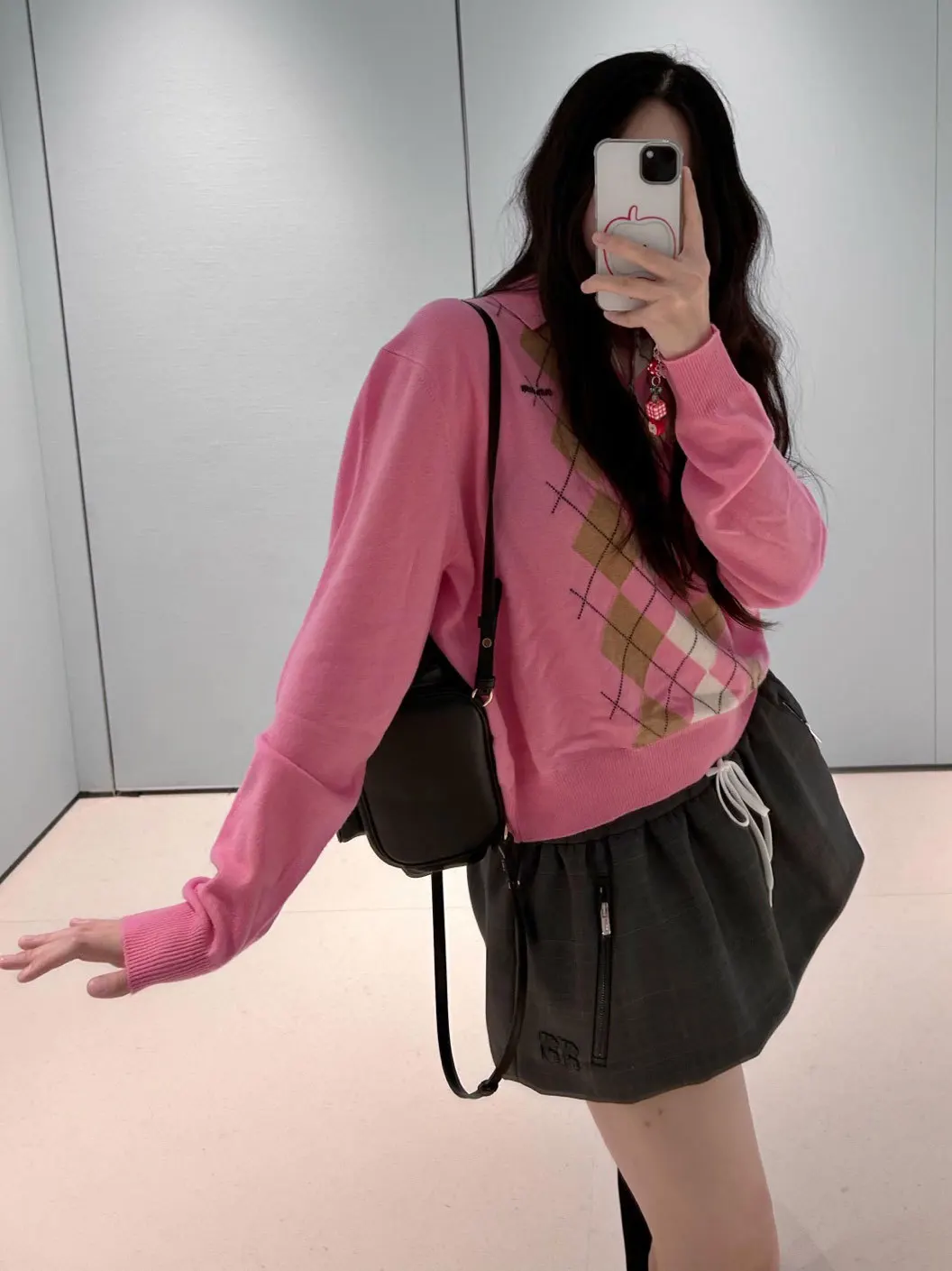 

Сладкий розовый ромбовидный вязаный свитер, женский воротник на молнии, свободный крой, дышащая повседневная одежда из волокна Camere