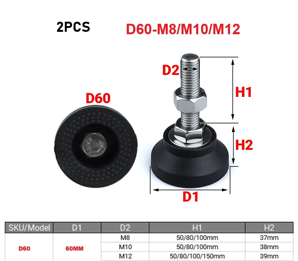 2PCS Adjustable Lathe Leg Dia 60mm Thread Type Adjustable Levelling Feet Swivel Base Articulating Legs M8/M10/M12