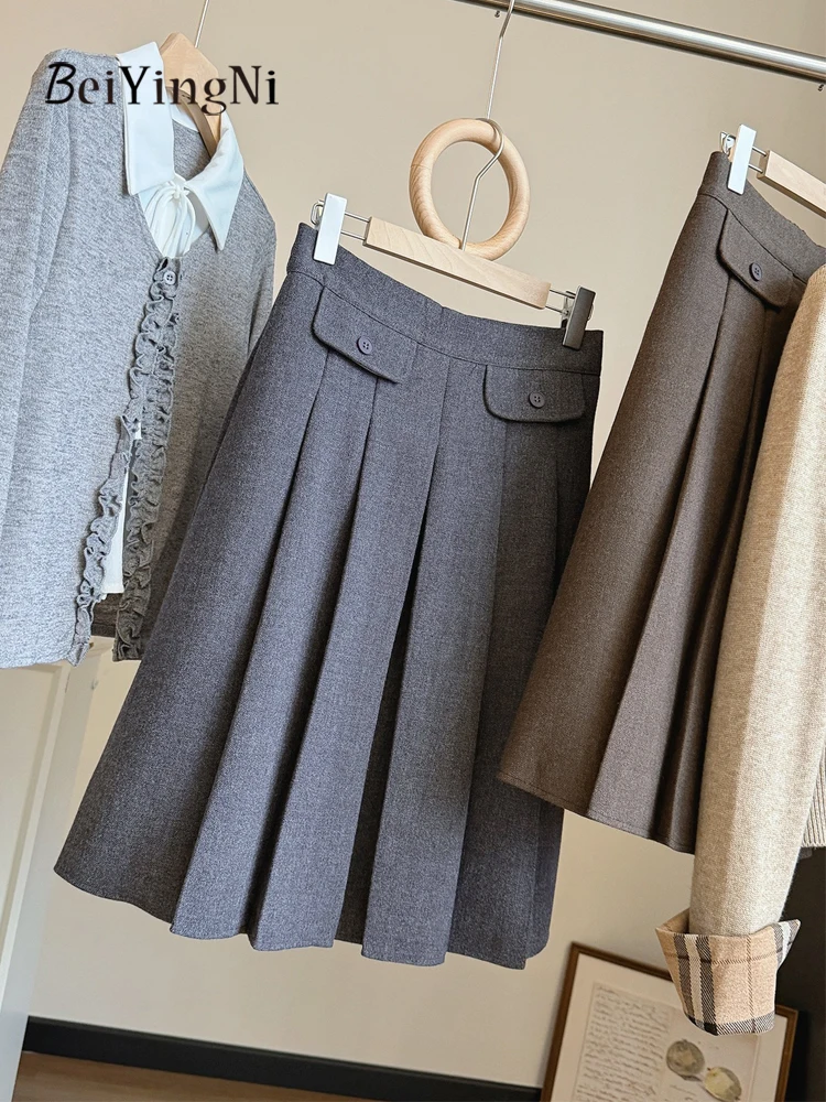 Beiyingni 2026 Autumn Winter High Waist Suit Skirts Women French Elegant Woolen Pleated Skirt Ladies Celebrity Style Gray Faldas